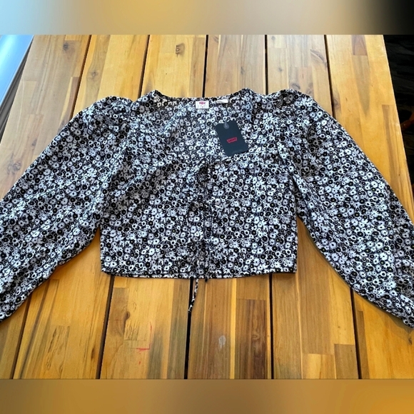 Nwt Levis Womens Ditsy Floral Black White Yellow Womens Tie Cardigan Top Size Xs - Picture 1 of 6